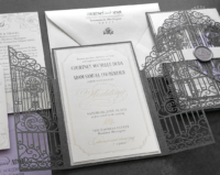 Ornate Silver Gate Invitation with silver foil imprint and laser cut gate folder.