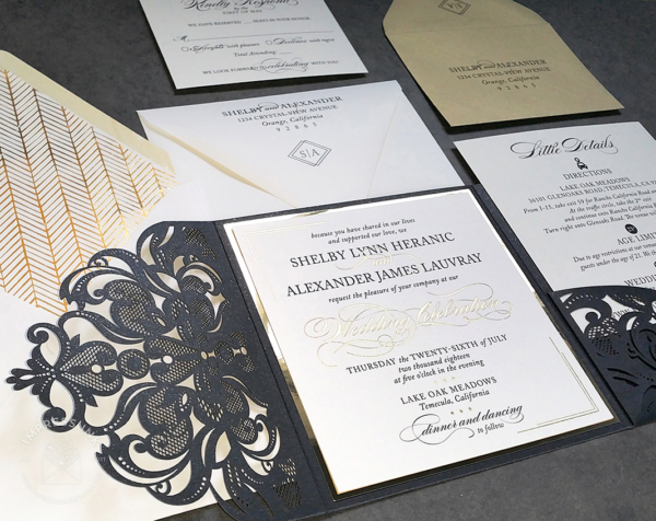 Ornate Laser Cut Invitation with black lace pocket folder and formal square invitation with gold foil