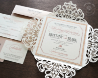 Rose Gold Lace Invitation with rose gold glitter layer in a laser cut folder