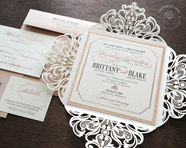 Rose Gold Lace Invitation with rose gold glitter layer in a laser cut folder