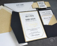 Classic Black Gold Invitation in a pocket folder with shiny gold accents