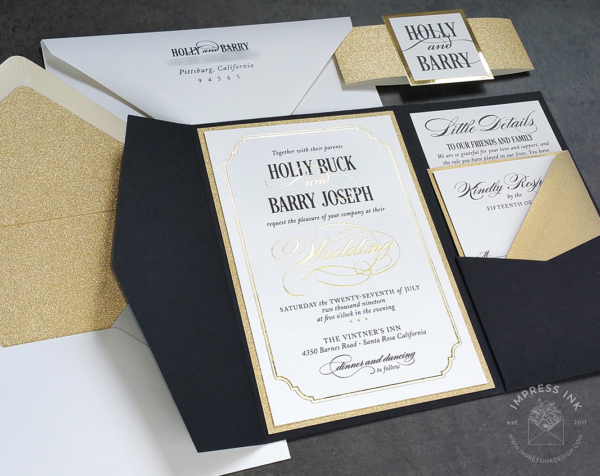 Classic Black Gold Invitation in a pocket folder with shiny gold accents