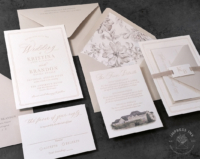 Classic Beige Letterpress Invitation with modern font styling and floral envelope liners