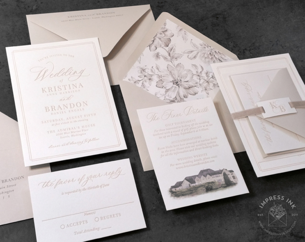 Classic Beige Letterpress Invitation with modern font styling and floral envelope liners