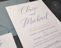 Modern Script Letterpress Invitation with names in large script font in blue letterpress imprint
