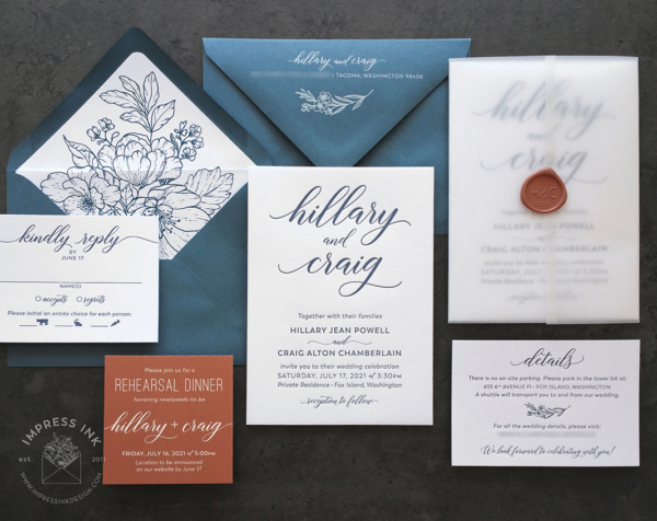 Modern Script Letterpress Invitation with bold names in navy letterpress imprint, slate envelopes with floral line art print, pops of rust orange