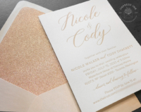 Modern Beige Letterpress Invitation with large bold names, rose gold glitter envelope liners.