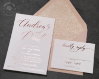 Rose Gold Modern Invitation with all-over foil imprint, shimmery Nude envelopes with glitter liners
