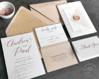 Rose Gold Modern Invitation with all-over foil imprint, shimmery Nude envelopes with glitter liners