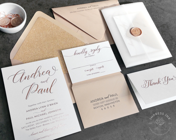 Rose Gold Modern Invitation with all-over foil imprint, shimmery Nude envelopes with glitter liners
