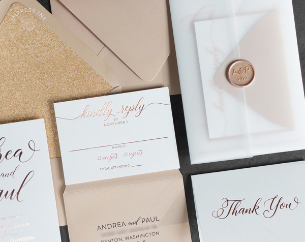 Rose Gold Modern Invitation with translucent vellum wrap and wax seals