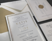 Classic Gold Letterpress Invitation with metallic gold border and charcoal gray letterpress imprint