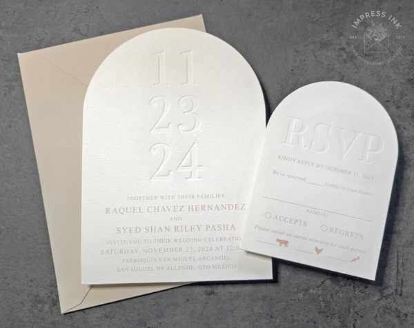 Debossed Date Letterpress Invitation with beige text and envelopes