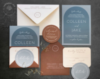 Blue Modern Arch Invitation with pops of terracotta, circle cards and dusty blue