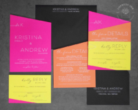 Fluorescent Modern Angles Invitation set in hot pink, orange, and bright yellow, with matte black envelopes