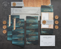 Masculine Teal Watercolor Invitation with dark evergreen background with brushstroke texture, gold foil imprint and geometric accents