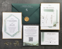 Green Geometric Watercolor Invitation with hexagon frame and splatters of gold foil, evergreen envelopes and gold wax seals