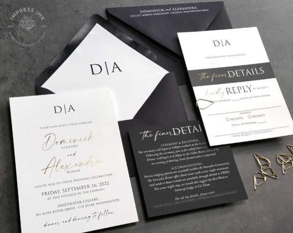Black Modern Monogram Invitation printed in modern fonts, pops of gold foil, black envelopes with white ink printing, and gold teardrop paperclips