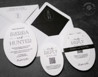 Modern Oval Letterpress Invitation in black and white color scheme with modern typography and black bands