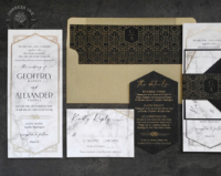 Art Deco Masculine Invitation with white marble background, geometric deco gold patterns, and black accents