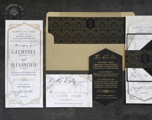 Art Deco Masculine Invitation with white marble background, geometric deco gold patterns, and black accents