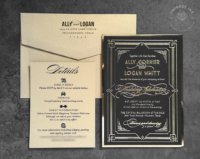 Art Deco Gatsby Invitation with gold foil imprint on black cardstock.