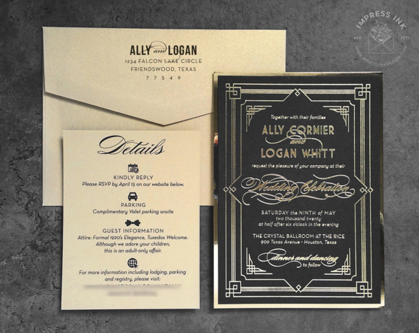 Art Deco Gatsby Invitation with gold foil imprint on black cardstock.