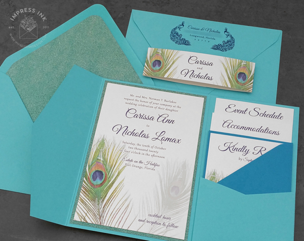 Peacock Feather Pocket Invitation with turquoise pocket folder and envelopes