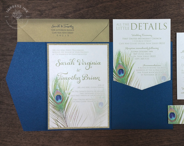 Peacock Feather Pocket Invitation with gold envelopes and text