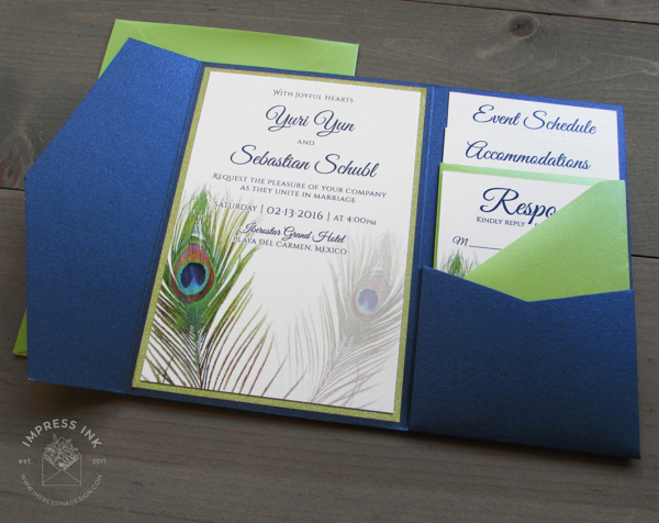 Peacock Feather Pocket Invitation with bright citrus green accents and blue pocket folder