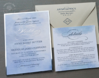 Whimsical Blue Watercolor Invitation with formal navy text and silver foil accents