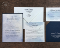 Whimsical Blue Watercolor Invitation with formal navy text and silver foil accents