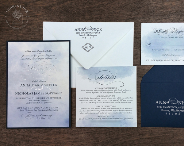 Whimsical Blue Watercolor Invitation with formal navy text and silver foil accents