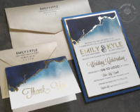 Navy Gold Watercolor Invitation with gold foil accents