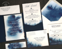 Moody Navy Watercolor Invitation with pocket folder and matching cards
