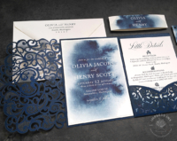 Moody Watercolor Lace Invitation with laser cut pocket folder and matching cards