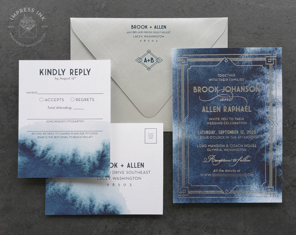 Deco Midnight Watercolor Invitation with silver foil imprint and art deco style border and text, matching reply postcards