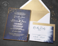 Celestial Navy Watercolor Invitation with gold foil confetti accents on the corners and allover gold text.