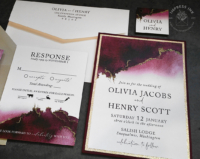 Burgundy Gold Watercolor Invitation with gold accents