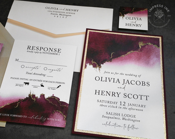 Burgundy Gold Watercolor Invitation with gold accents