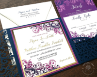 Flourish Laser Cut Invitation with swirls and filigree in shades of bright orchid purple and navy blue, with gold accents