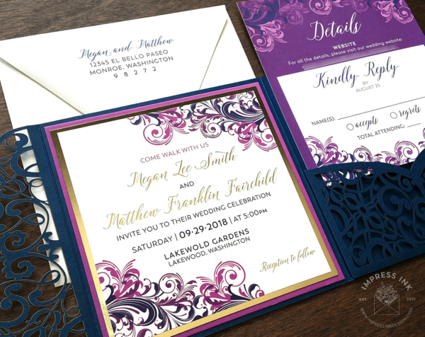 Flourish Laser Cut Invitation with swirls and filigree in shades of bright orchid purple and navy blue, with gold accents