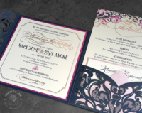 Laser Cut Filigree Invitation with navy and bright purple swirls and flourish