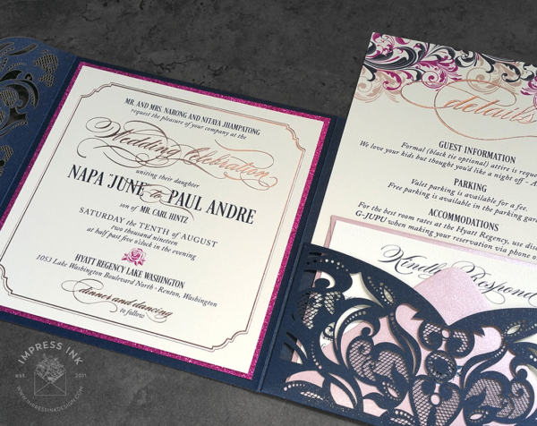 Laser Cut Filigree Invitation with navy and bright purple swirls and flourish