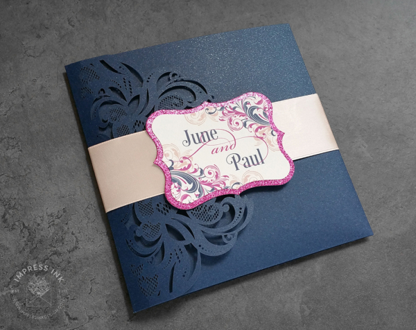 Laser Cut Filigree Invitation with navy and bright purple swirls and flourish