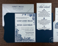 Navy Lace Pocket Invitation with details and reply cards.
