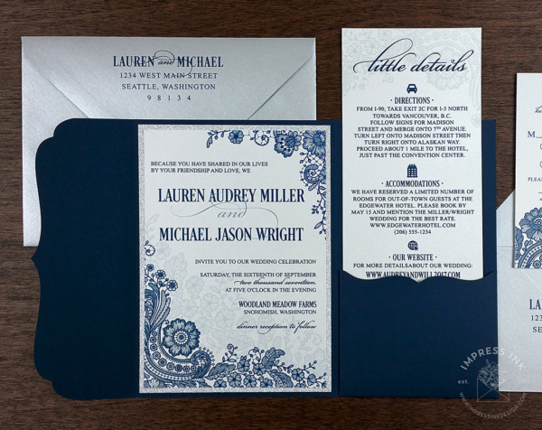 Navy Lace Pocket Invitation with details and reply cards.