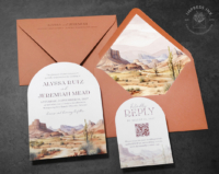 Desert Landscape Arch Invitation with southwestern Arizona landscape and cactus, terra cotta envelopes