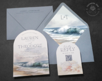 Coastal Landscape Arch Invitation with watercolor waves on a sandy beach