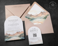 Watercolor Mountains Arch Invitation with southwestern inspired landscape in shades of beige, tan, nude, and greens